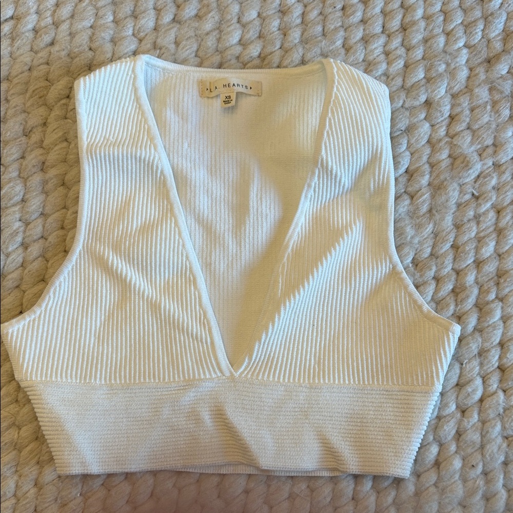 Aritzia Cream Ribbed Deep V Crop Top